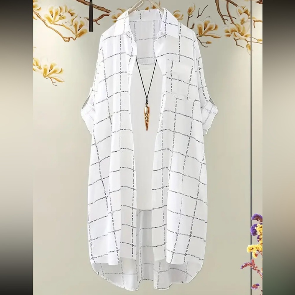 Chiffon Long Blouse - Long Sleeve Roll Up Button-Up Blouse